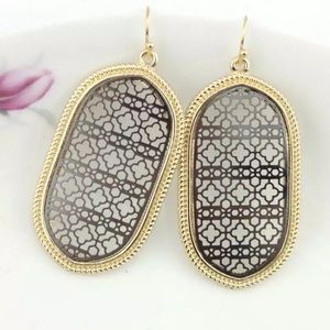 Gold Black Filigree Quatrefoil Trellis Earrings